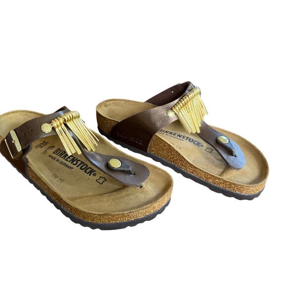 Birkenstock Gizeh Gold Metal Fringe Graceful Toffe US 4.5 EU35 Brown Birkoflor - Picture 4 of 12